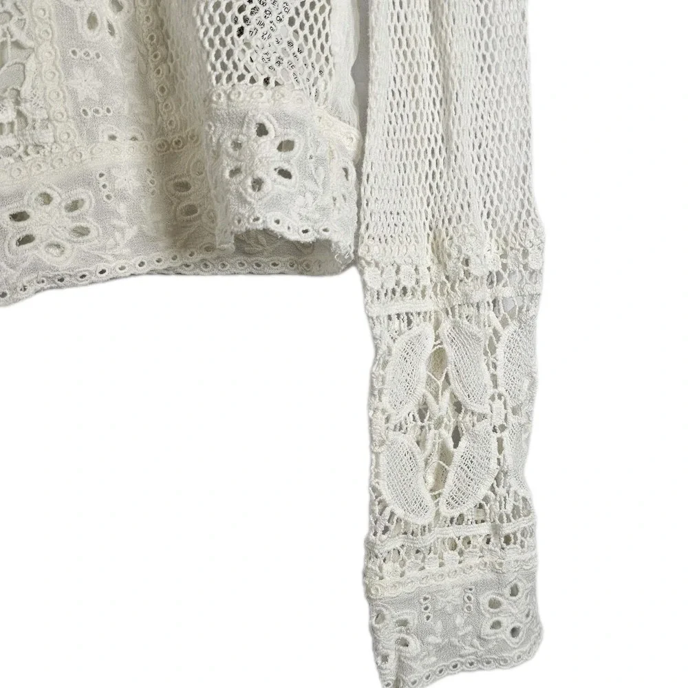 Zara Contrasting EMBROIDERY Knit Sheer Mesh Long Sleeve Blouse White Size Medium
